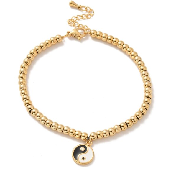 NWOT Stainless Steel Enamel Yin Yang beaded Bracelet W Extender Resists Tarnish - Picture 1 of 4
